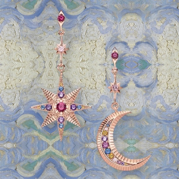 NWOT crescent moon and star dangle earrings, Sterling silver 18k rose gold plt - Picture 15 of 17